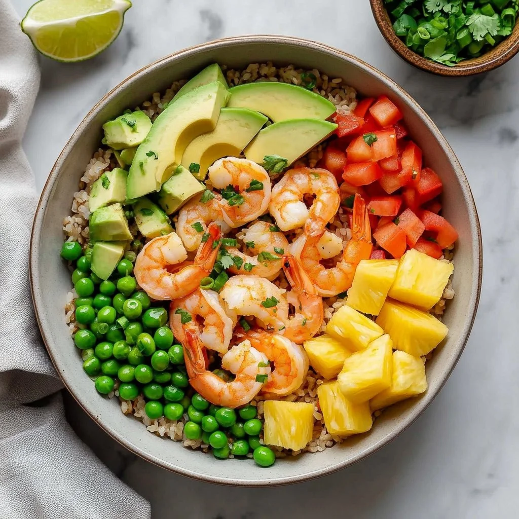 Plate of Coconut Lime Shrimp with Rice garnished with herbs and lime
