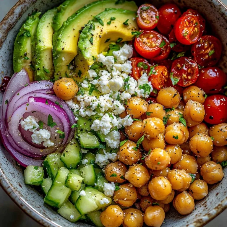 Colorful Chickpea Feta Avocado Salad with fresh vegetables and dressing