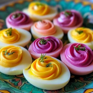Vibrant and colorful deviled eggs garnished with herbs and spices.