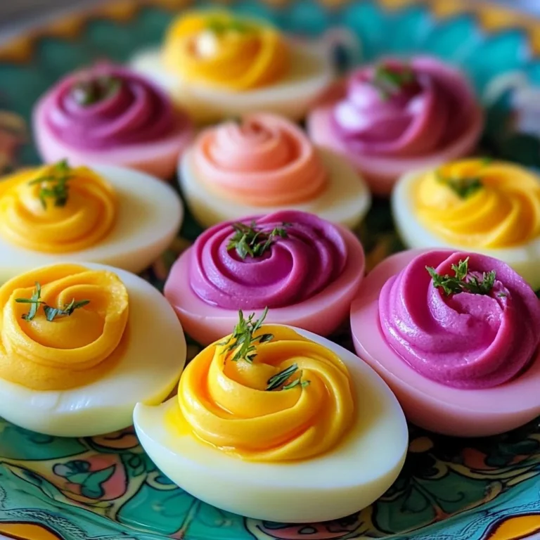 Vibrant and colorful deviled eggs garnished with herbs and spices.