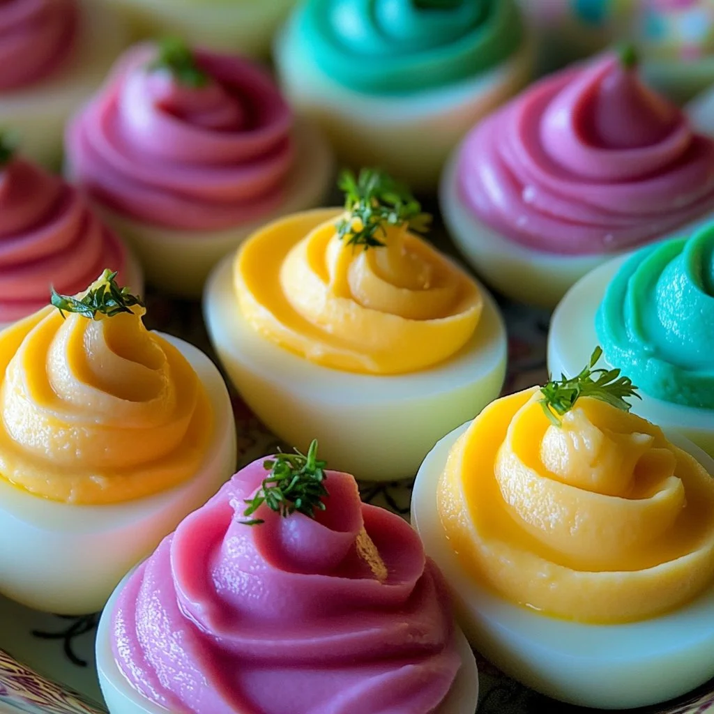 Colorful deviled eggs in various vibrant colors served on a platter
