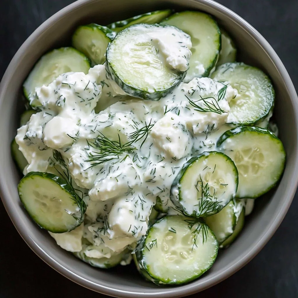 Cottage cheese salad with fresh cucumbers and herbs