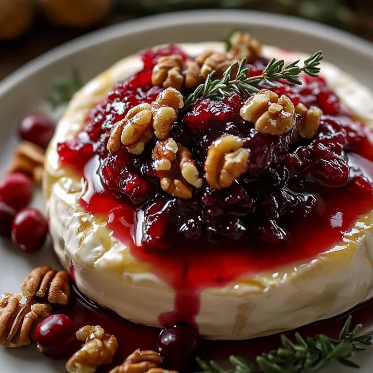 Cranberry Pecan Baked Brie Dip served in a dish garnished with pecans and cranberries.