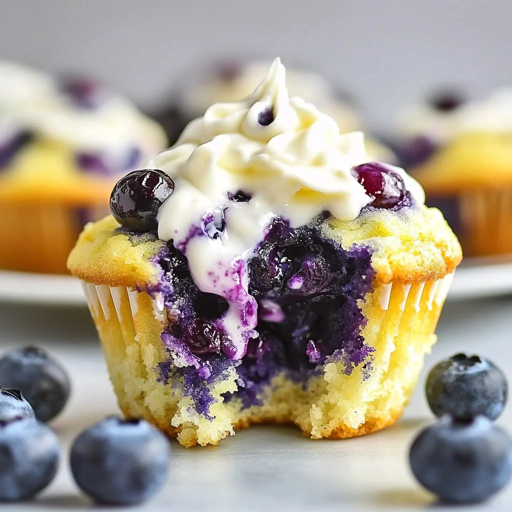 Cream cheese blueberry streusel muffins on a plate with fresh blueberries