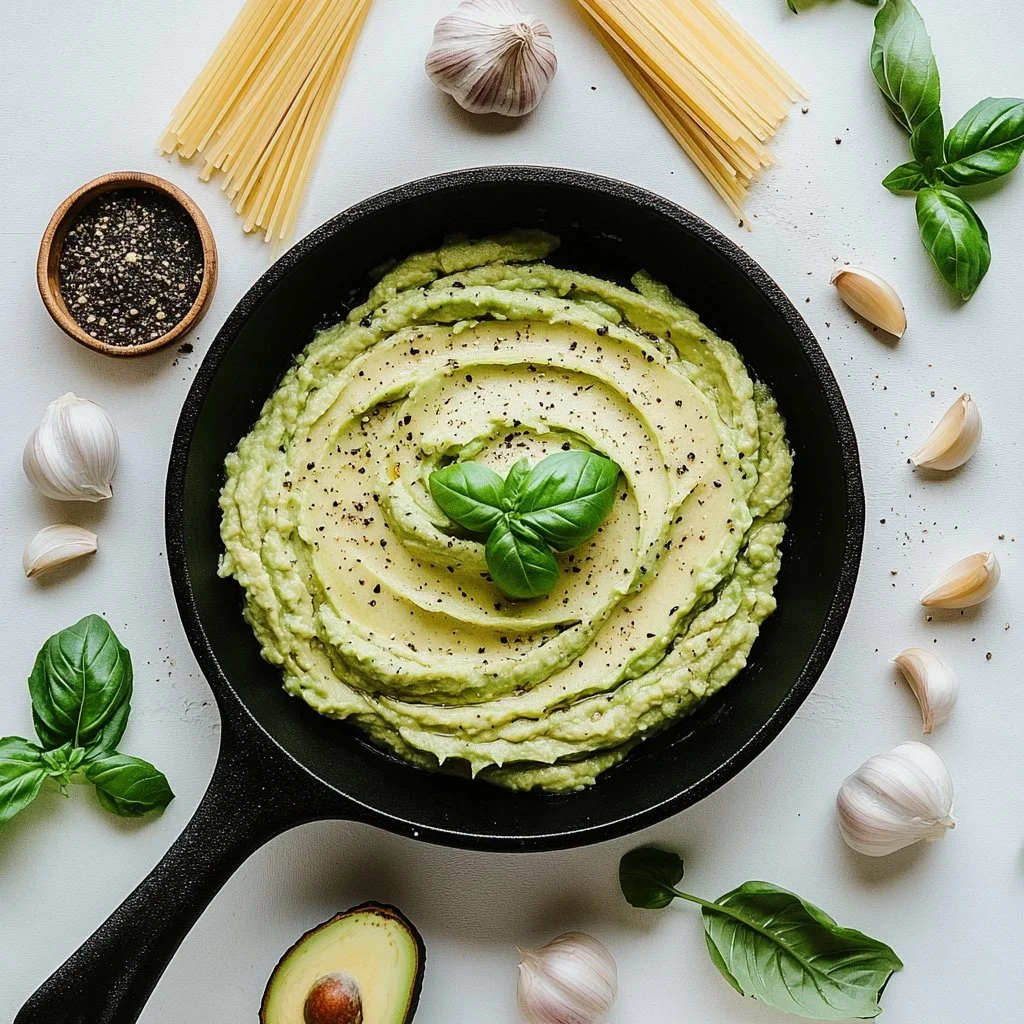 Creamy avocado pasta dish with fresh ingredients and vibrant colors