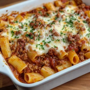 Creamy baked rigatoni casserole with cheese and herbs baked to perfection