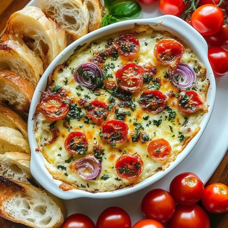 Delicious creamy basil baked bruschetta dip served in a bowl with crispy toast.