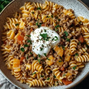 Creamy beef noodle casserole topped with melted cheese and fresh herbs
