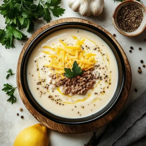 Creamy beef pasta garnished with herbs in a bowl