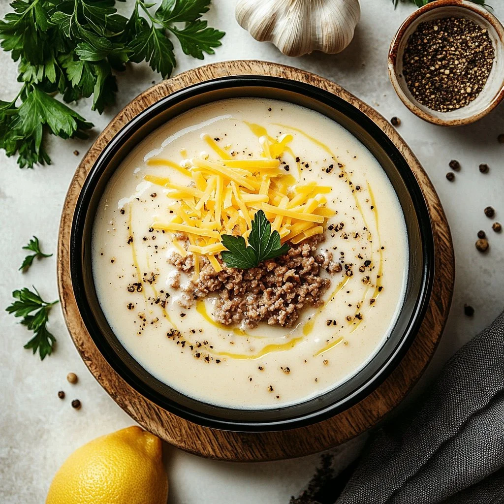 Creamy beef pasta garnished with herbs in a bowl