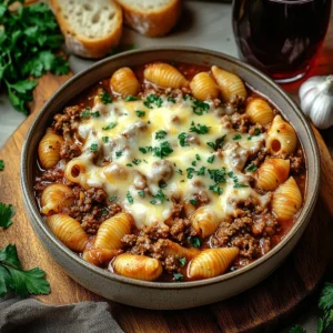 Creamy beef shell pasta dish garnished with herbs on a wooden table