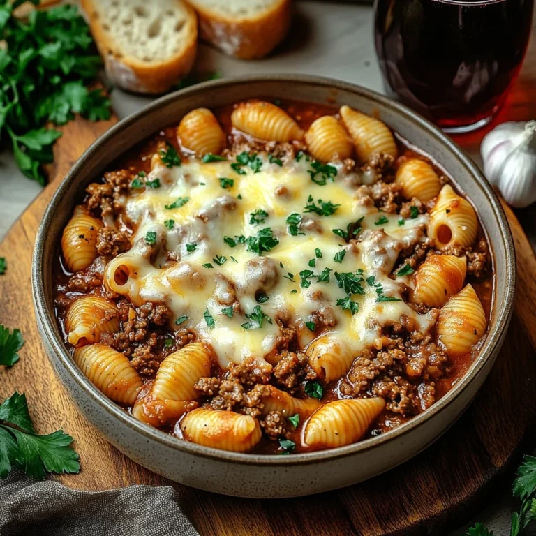Creamy beef shell pasta dish garnished with herbs on a wooden table