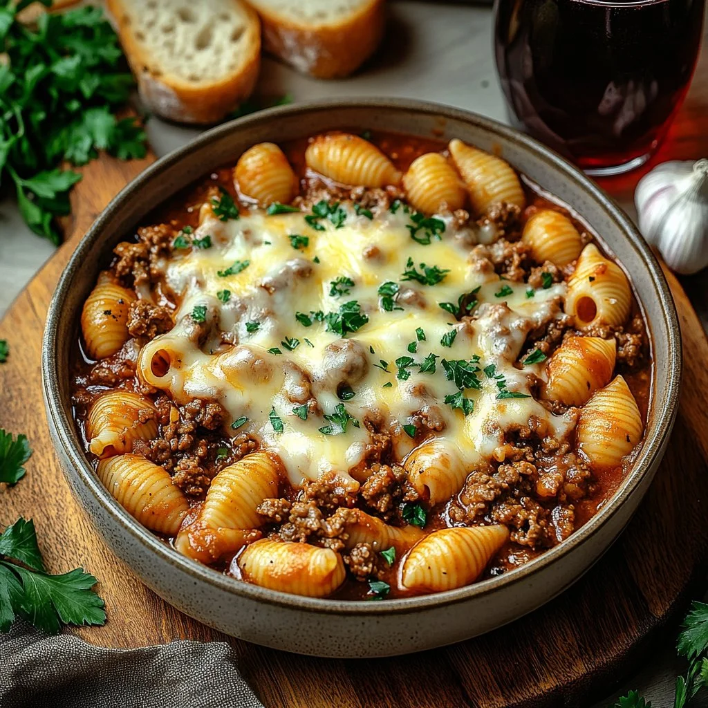 Creamy beef shell pasta dish garnished with herbs on a wooden table
