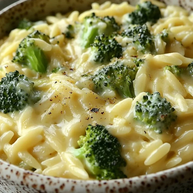 Creamy broccoli cheddar orzo dish served in a bowl with fresh herbs
