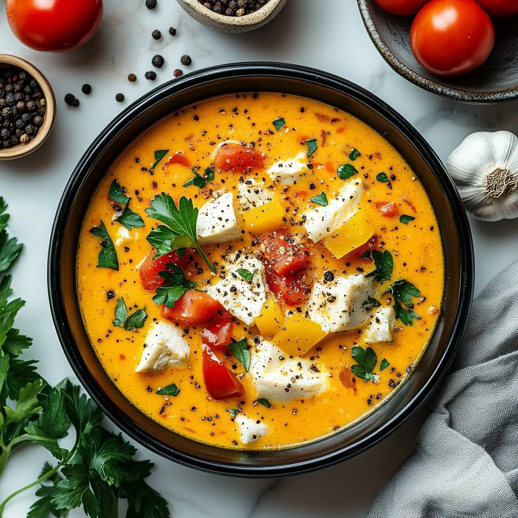 Creamy Cajun chicken soup in a bowl with herbs and spices