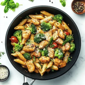 Creamy chicken and broccoli pasta dish with vibrant colors and textures