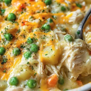 Creamy chicken and potato casserole dish topped with herbs