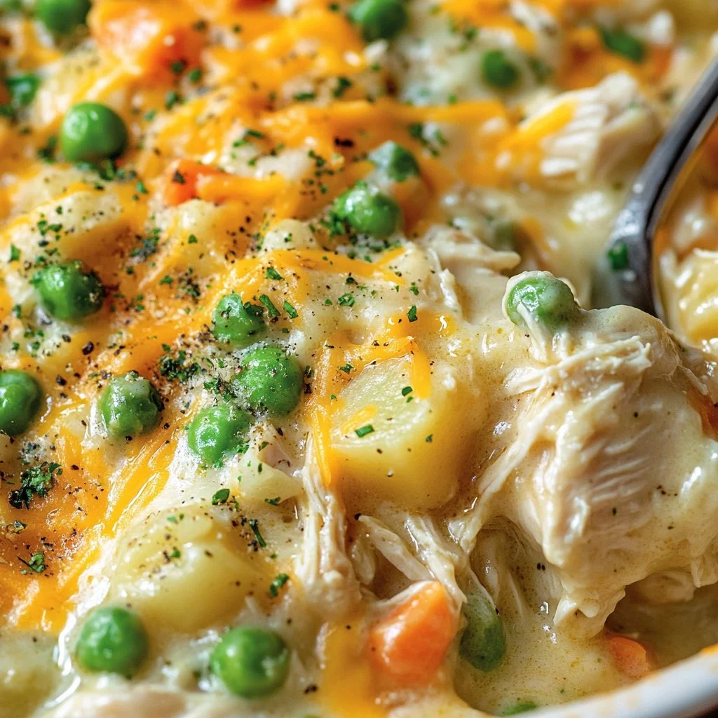 Creamy chicken and potato casserole dish topped with herbs