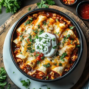 Delicious creamy chicken enchiladas served on a plate with toppings