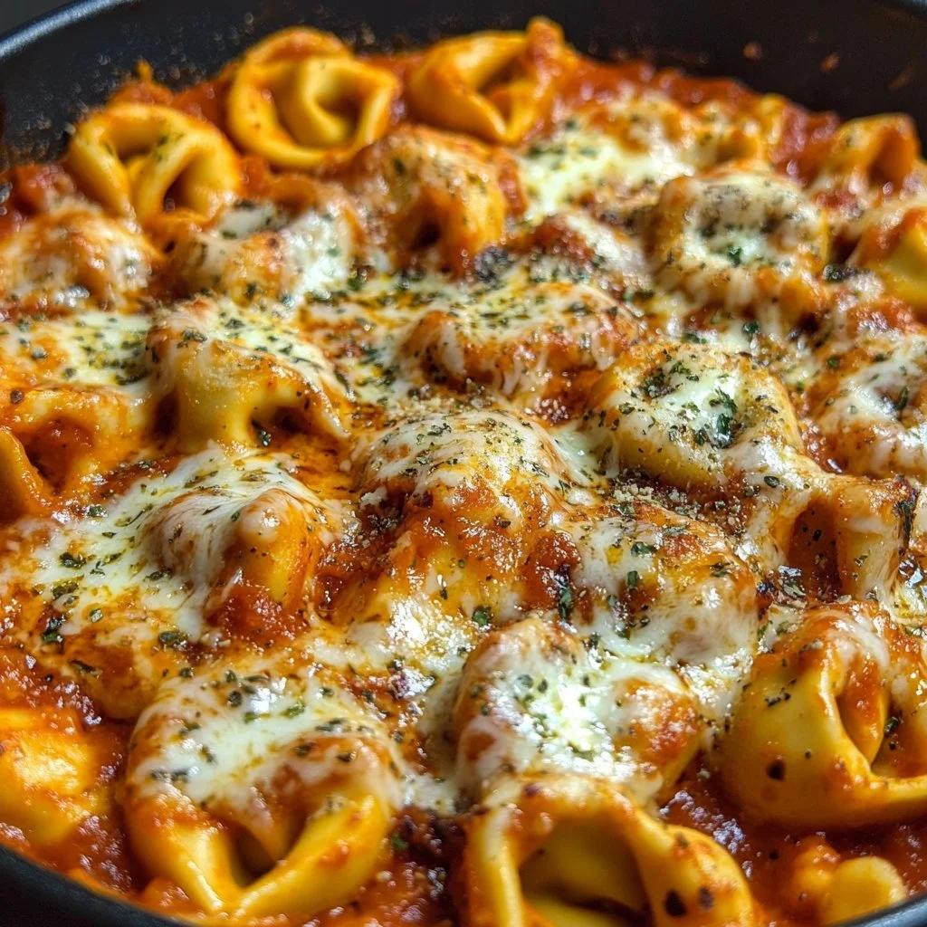 Creamy Chicken Parmesan Tortellini dish with chicken and pasta topped with cheese