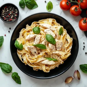 Creamy chicken pasta dish topped with fresh herbs and served in a bowl