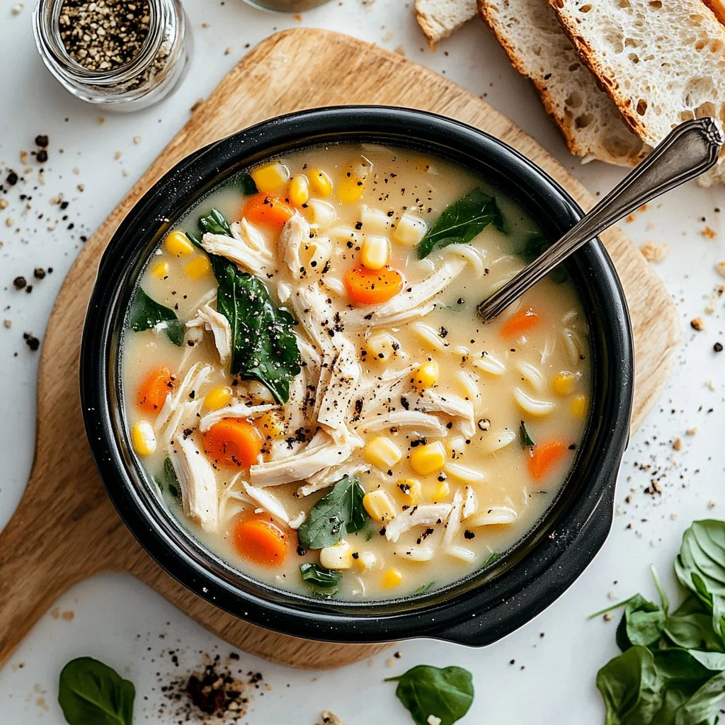 Bowl of creamy chicken pasta spinach soup garnished with fresh herbs