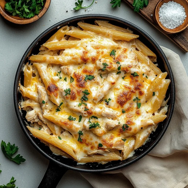 Creamy Chicken Penne Alfredo served in a bowl with parsley garnish.
