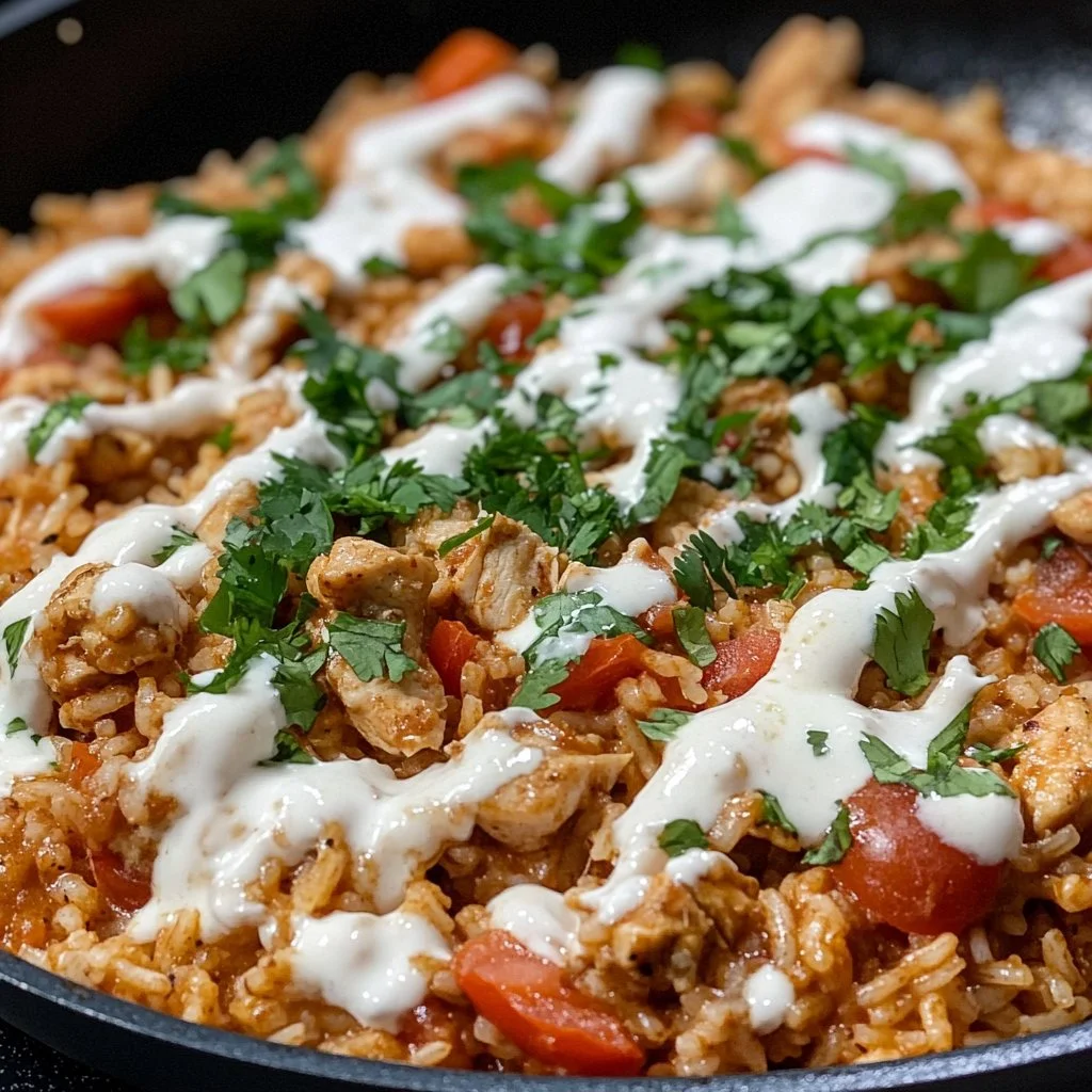 Creamy chicken rice skillet with vegetables in a pan