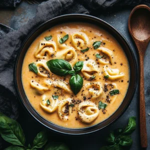 Creamy crockpot tortellini dish garnished with herbs