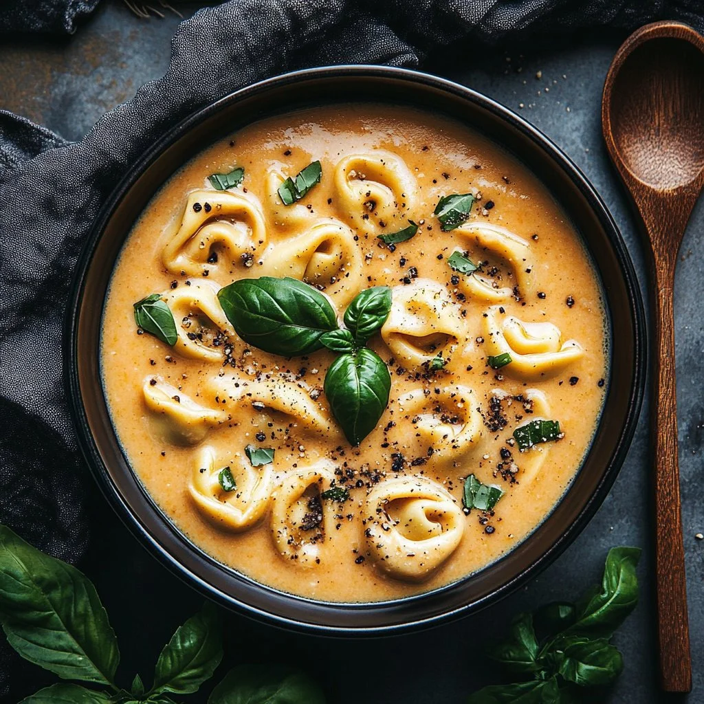 Creamy crockpot tortellini dish garnished with herbs