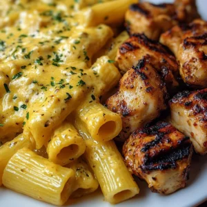Creamy garlic butter chicken rigatoni topped with parsley and parmesan cheese