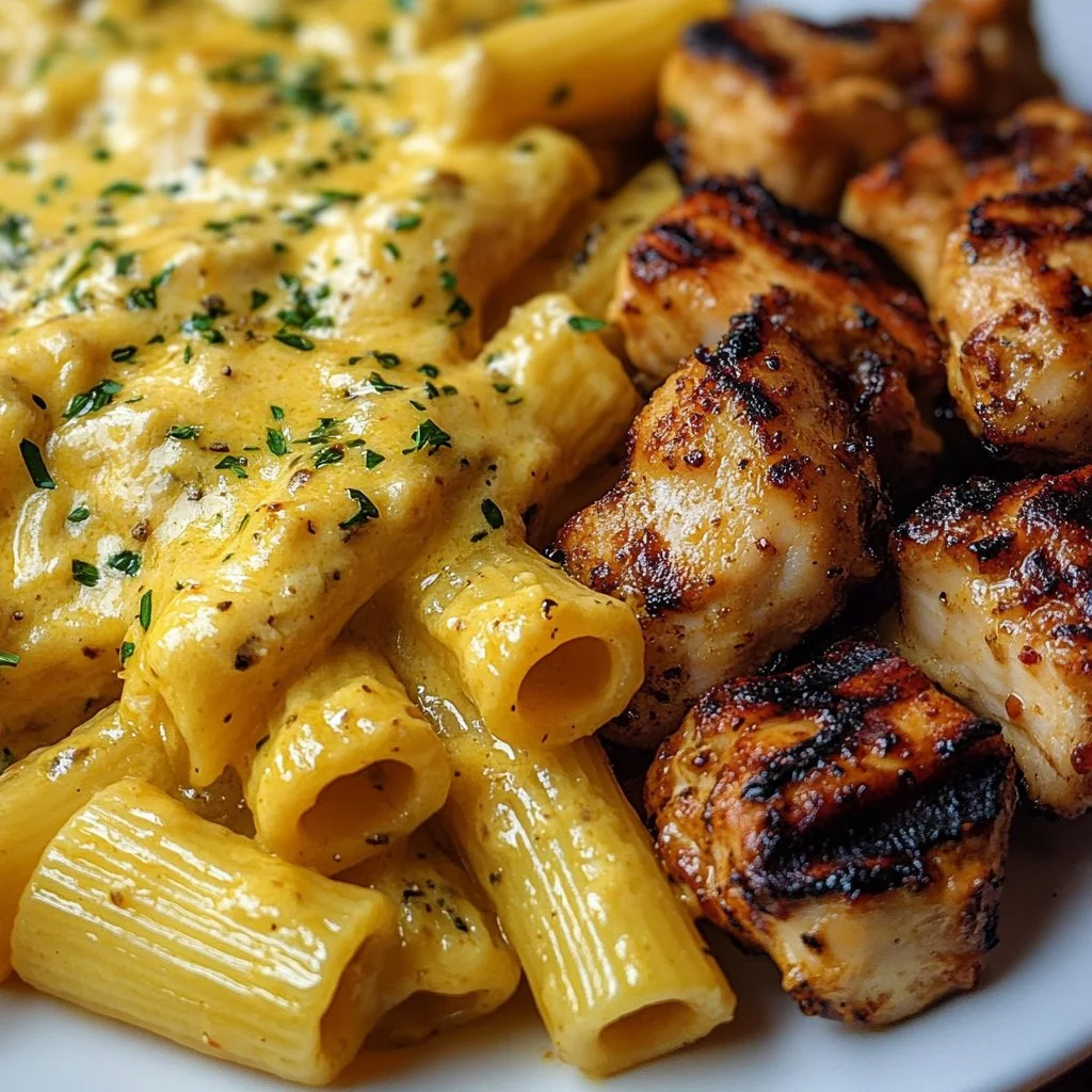 Creamy garlic butter chicken rigatoni topped with parsley and parmesan cheese