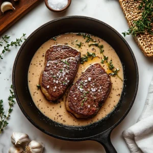Creamy garlic steak sauce drizzled over a perfectly cooked steak