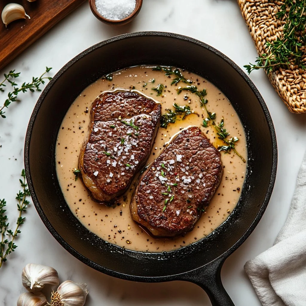 Creamy garlic steak sauce drizzled over a perfectly cooked steak