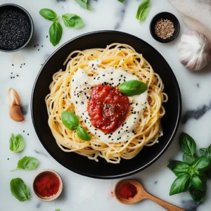 Creamy Gochujang Pasta with vegetables garnished in a bowl