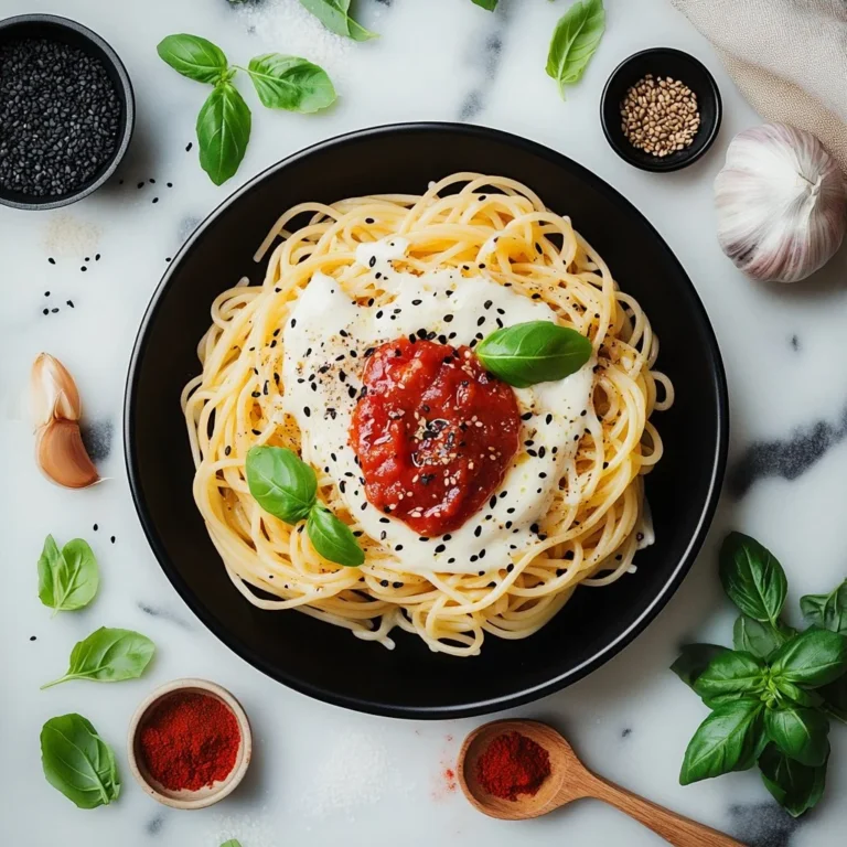 Creamy Gochujang Pasta with vegetables garnished in a bowl