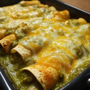 Creamy green chile chicken enchiladas topped with cheese and green sauce