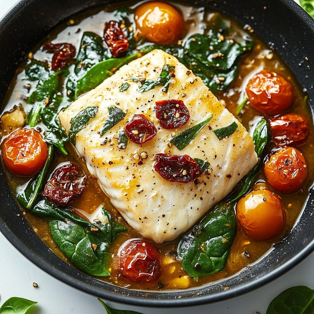 Creamy Keto Tuscan Cod dish with spinach in a white sauce