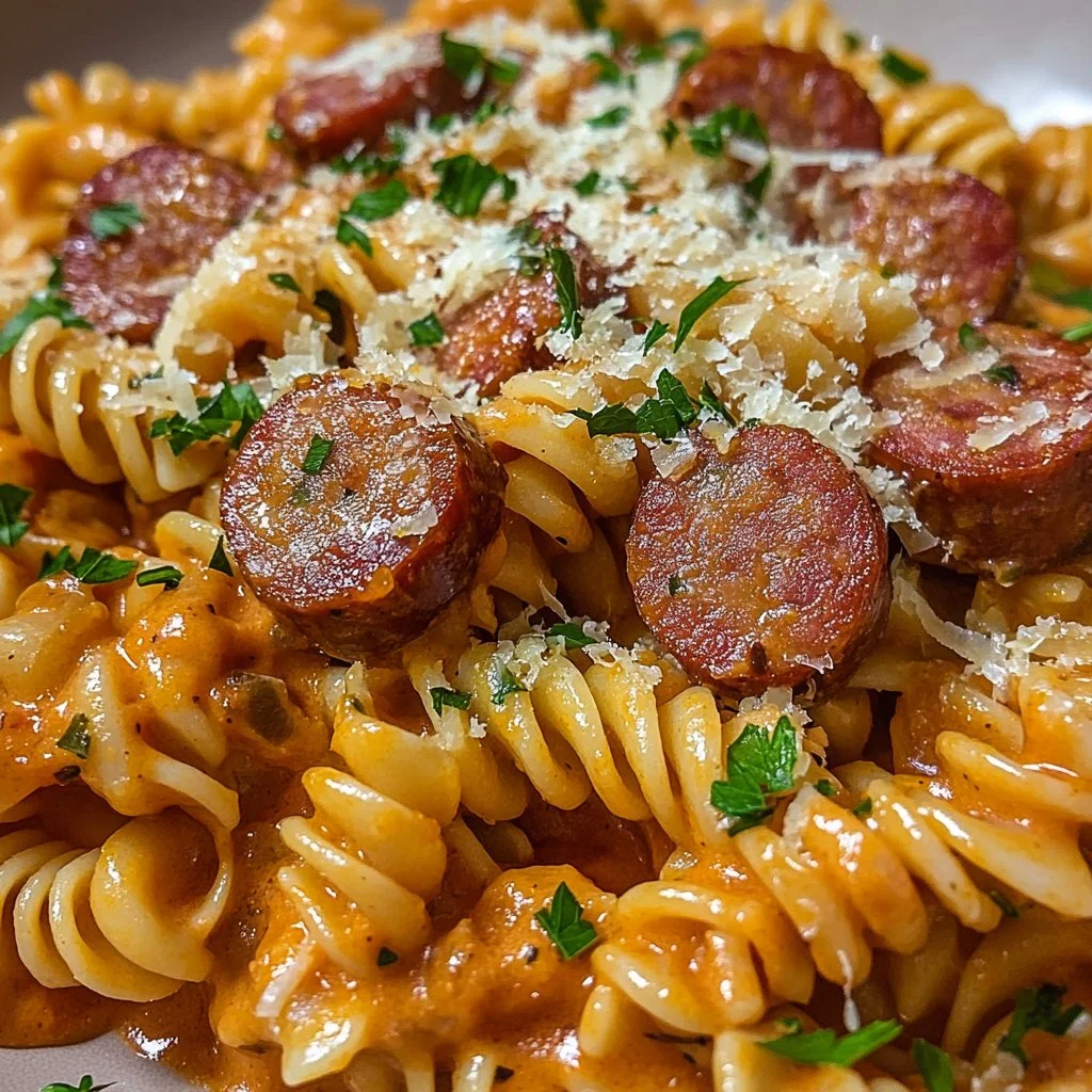 Delicious creamy pasta with smoked sausage garnished with parsley.