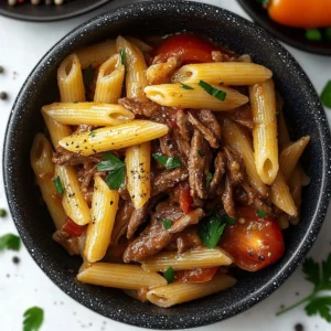 Creamy Philly Cheesesteak Pasta with beef, peppers, and creamy sauce