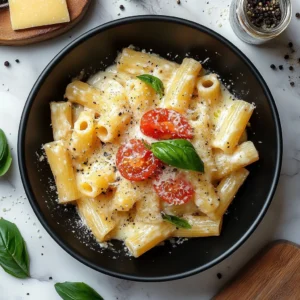 Delicious creamy rigatoni with rich sauce and garnished with herbs