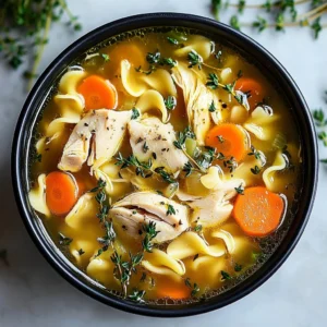 Creamy rotisserie chicken noodle soup with fresh vegetables and herbs