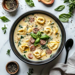 Bowl of creamy sausage tortellini soup with herbs and a sprinkle of cheese