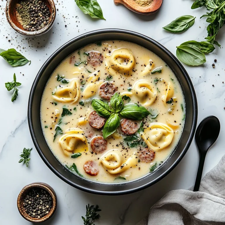 Bowl of creamy sausage tortellini soup with herbs and a sprinkle of cheese