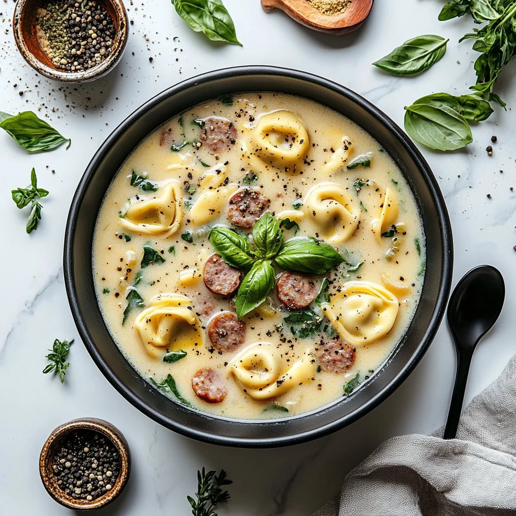 Bowl of creamy sausage tortellini soup with herbs and a sprinkle of cheese