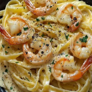 Delicious creamy shrimp alfredo served with fettuccine pasta.