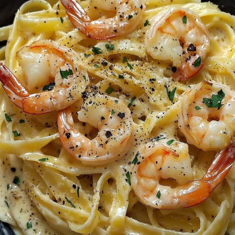 Delicious creamy shrimp alfredo served with fettuccine pasta.