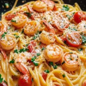Creamy shrimp linguine dish in one pot with garnishes