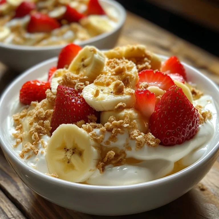 Creamy strawberry banana dessert topped with fresh fruit