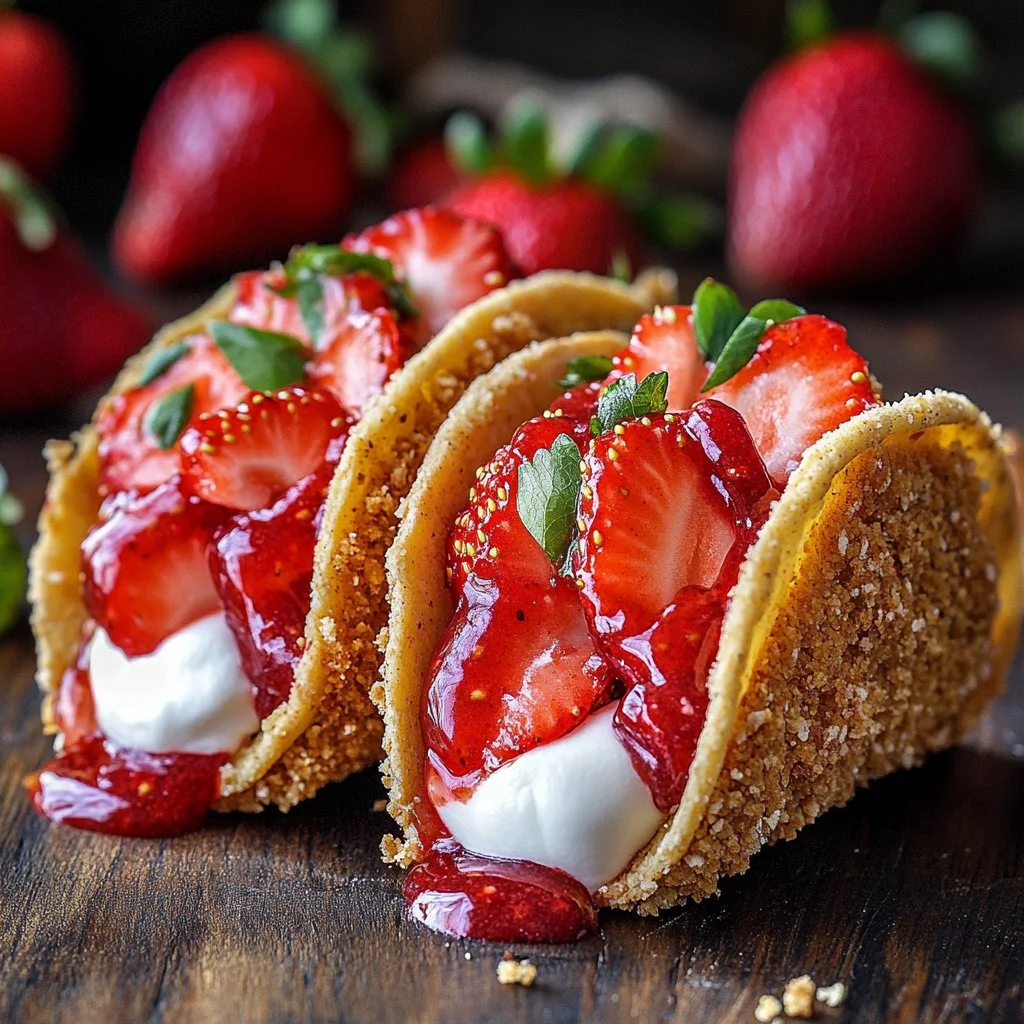 Creamy strawberry crunch tacos with fresh strawberries and crunchy topping